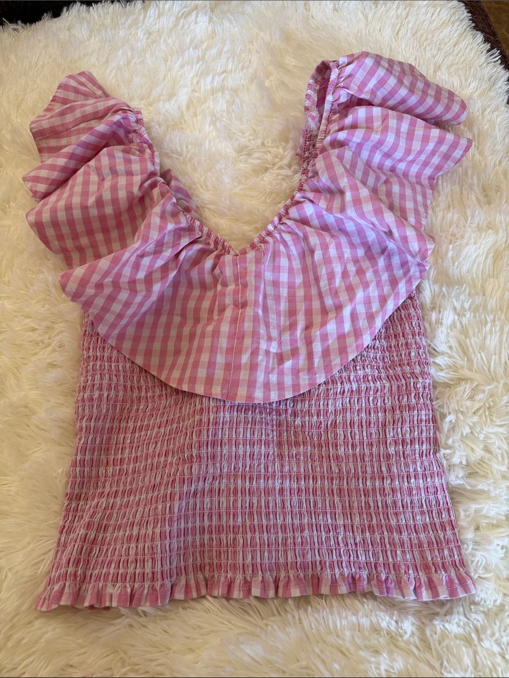 Express Pink Gingham Ruffle Smocked Crop Top